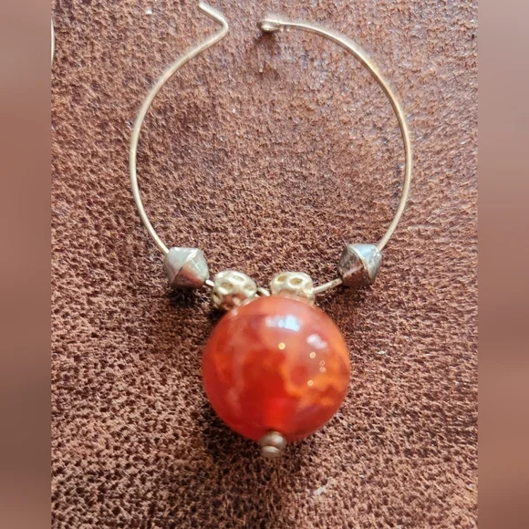 Gold Hoop Earrings With Coral Red Beads - Picture 2 of 4